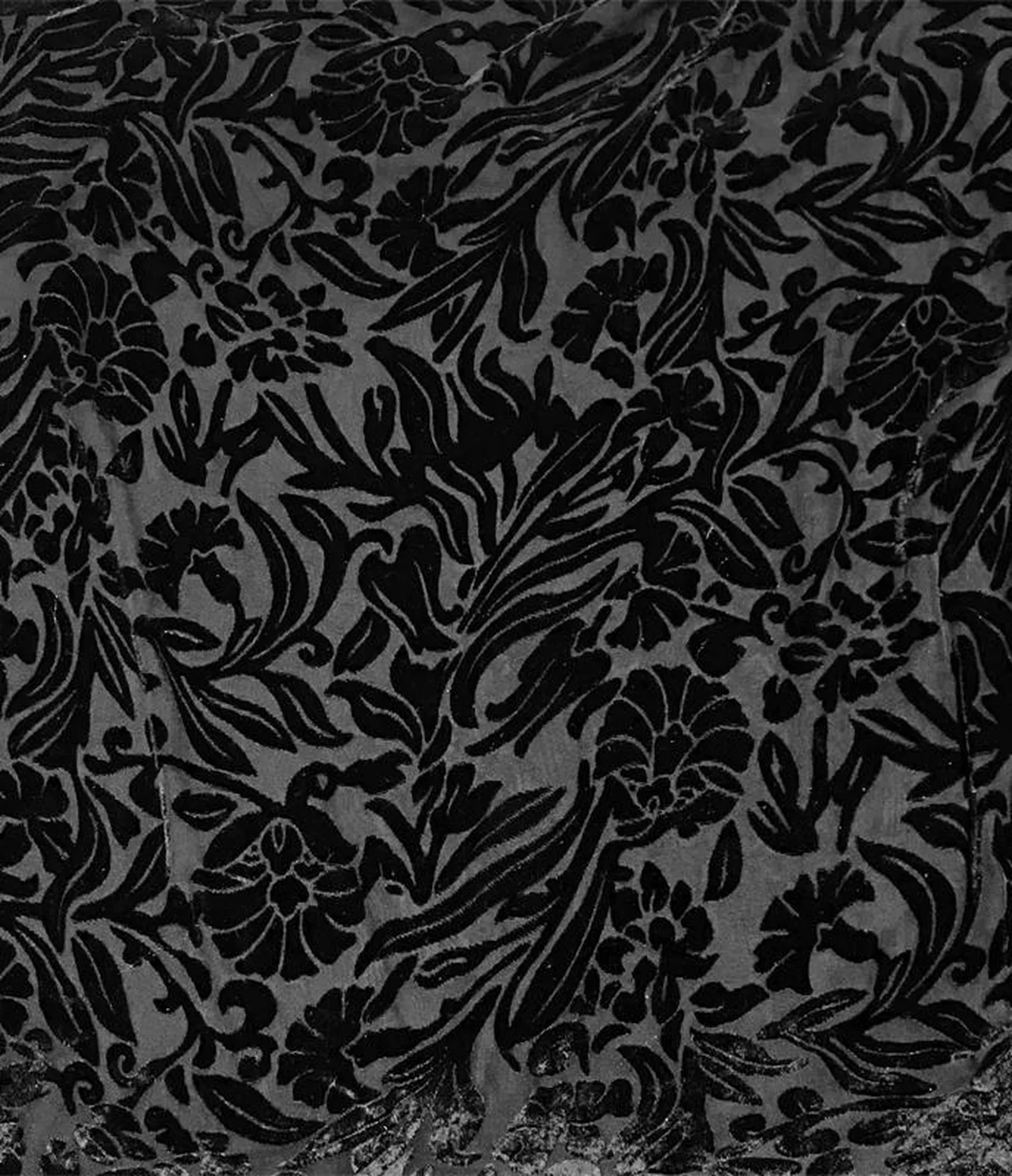 burnout velvet dense grey-black branch-and-leaf on black