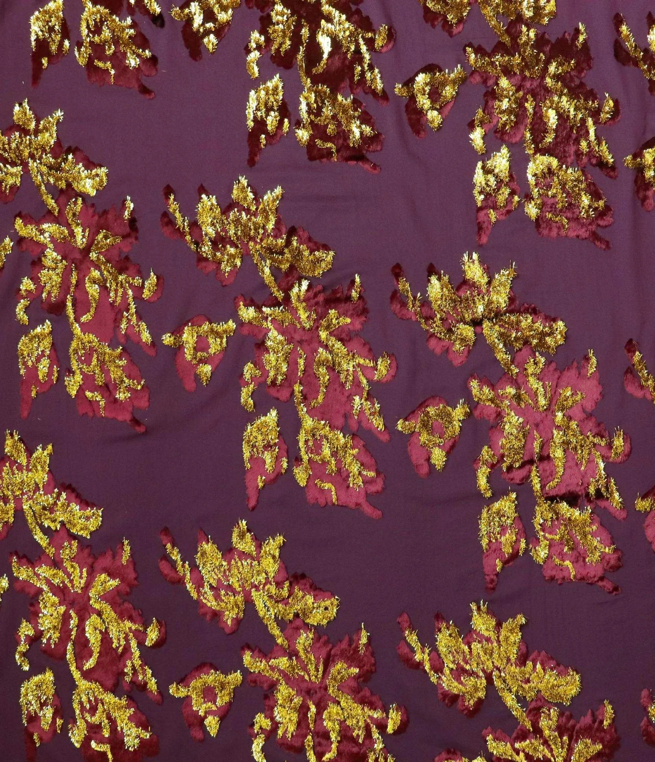burnout velvet burgundy ground with gold leaf sprays