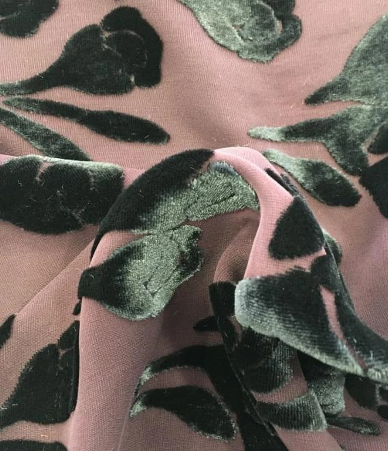 burnout velvet green foliage on dusty rose ground