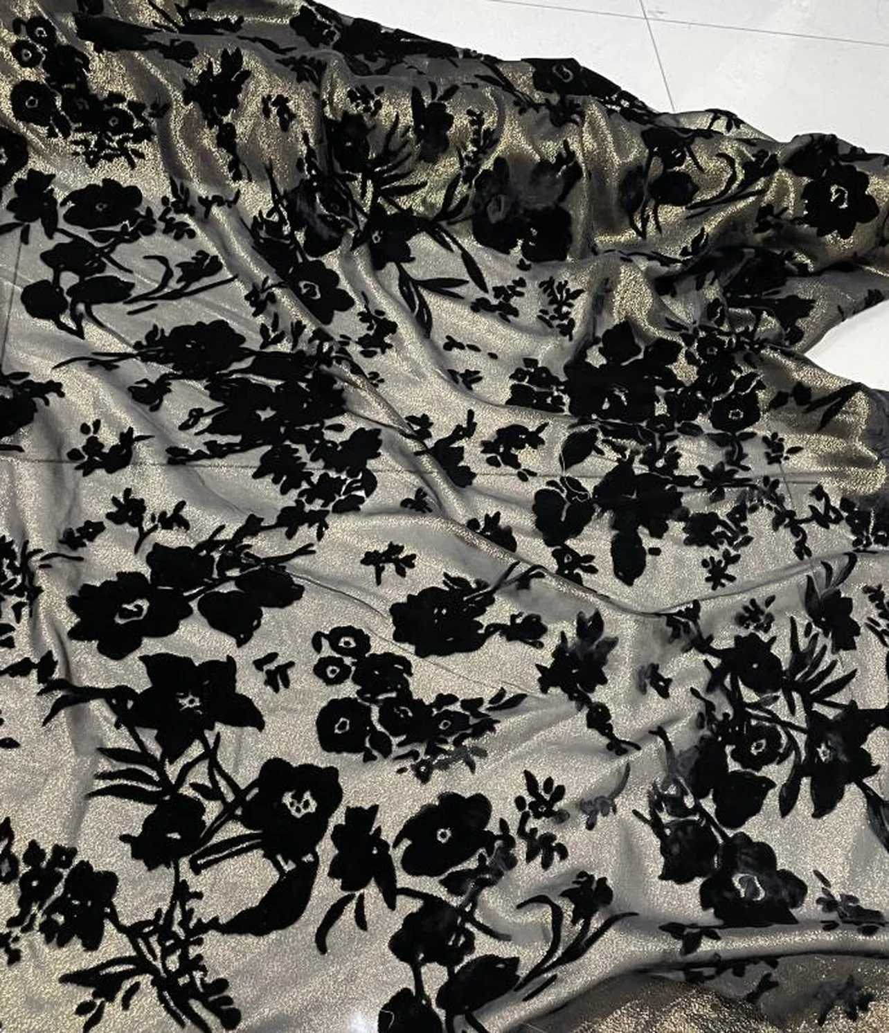 burnout velvet large green peony with gold detail on black