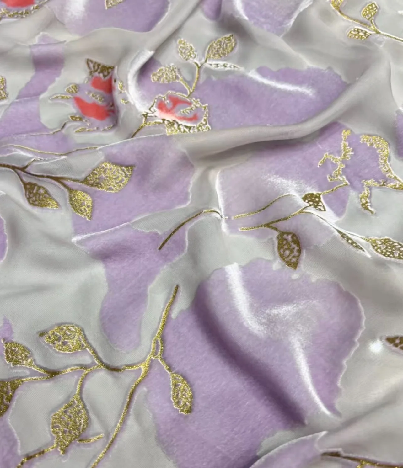 burnout velvet pale lilac ground with gold trailing vine