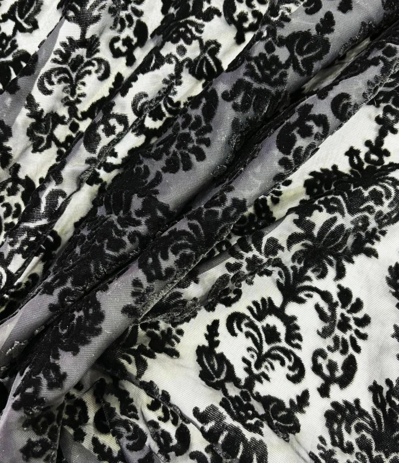 burnout velvet black baroque scroll on white