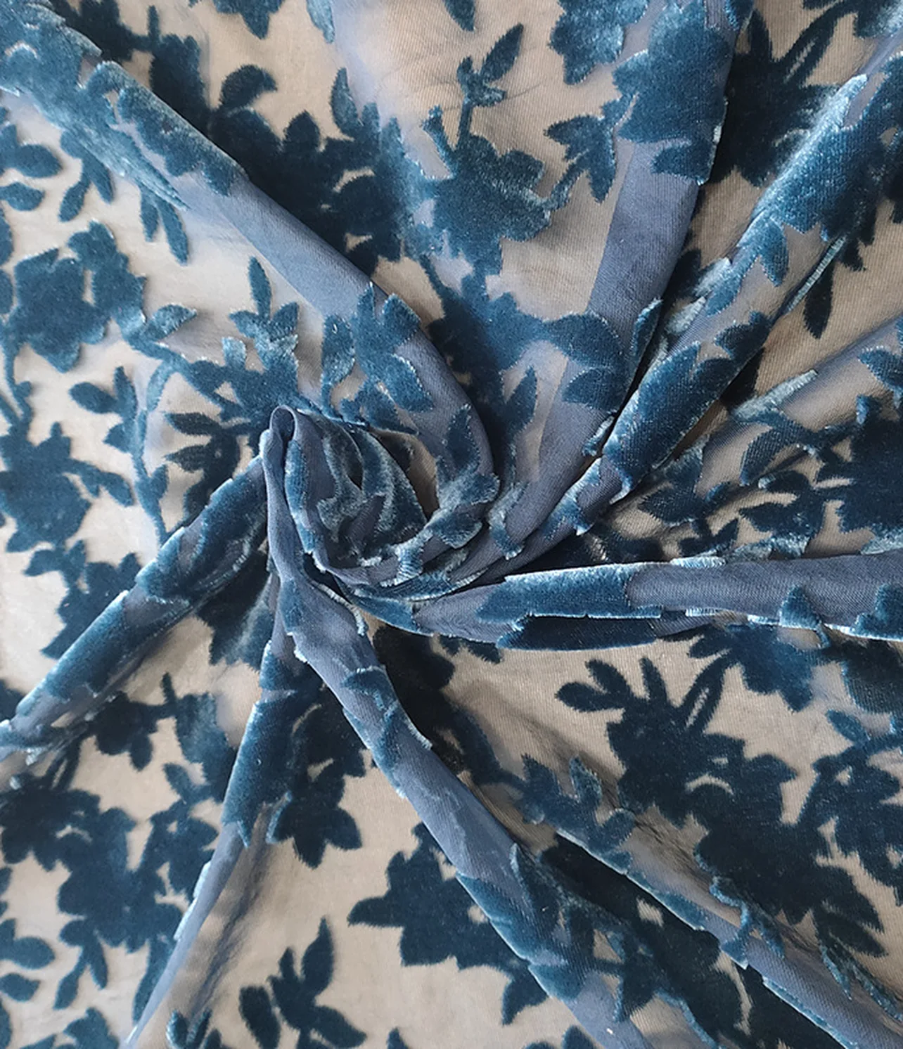 burnout velvet denim-blue leaf floral on cream