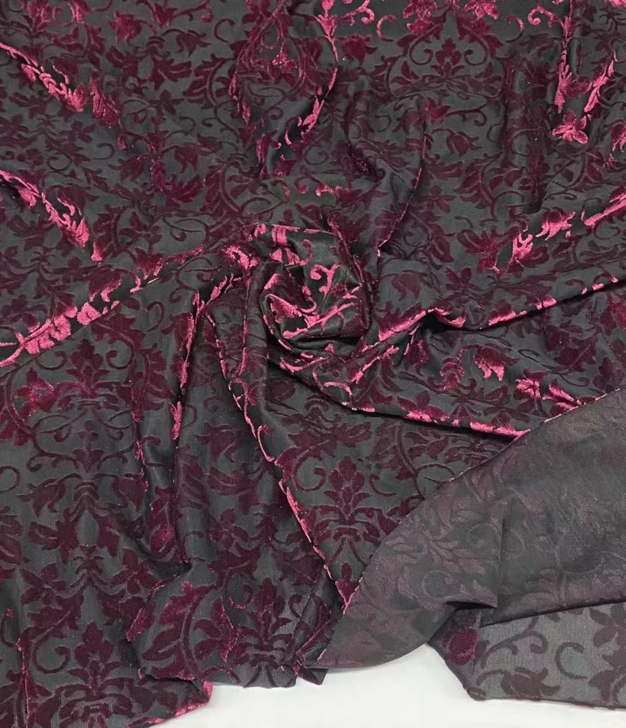 burnout velvet burgundy baroque damask on dark