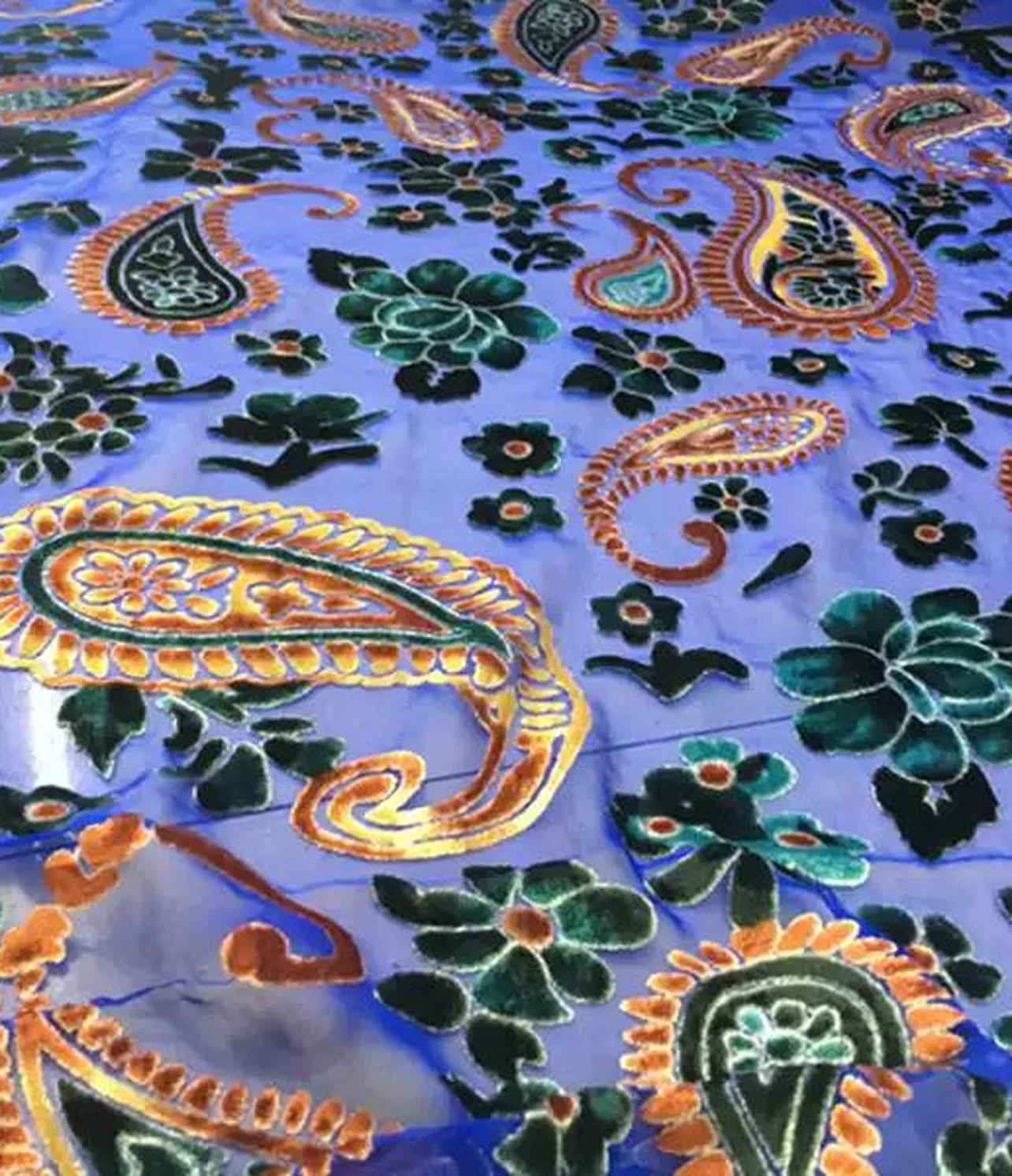 burnout velvet vivid cobalt blue paisley with orange flowers