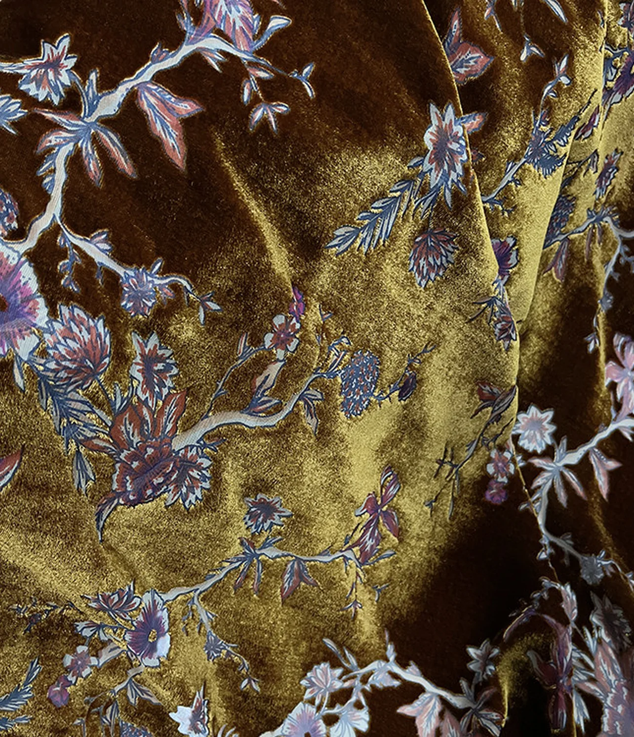 burnout velvet bronze floral branch with soft roses