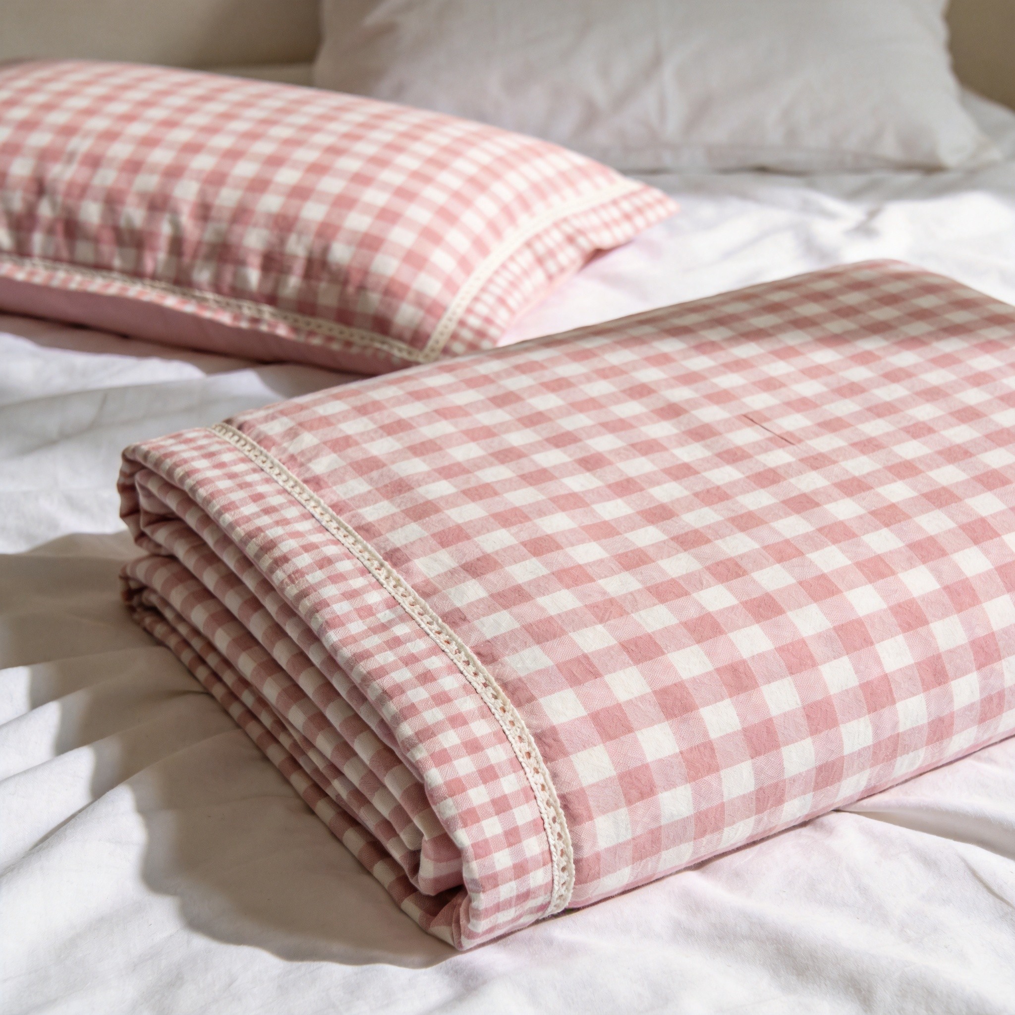Accessoire de literie en vichy rose en coton