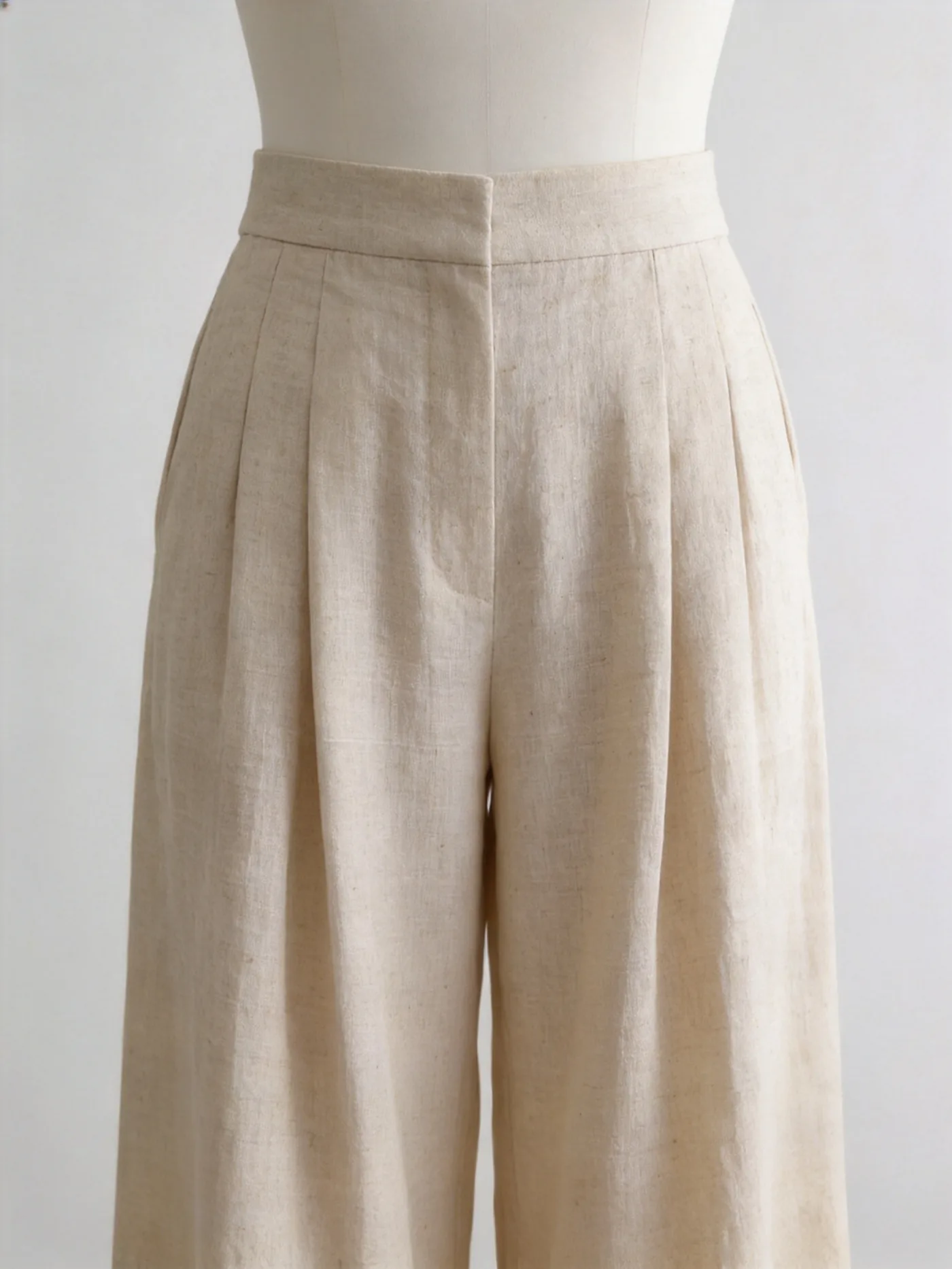 MJ 1212 oatmeal linen-viscose high-waist wide-leg trousers, AI design visualization
