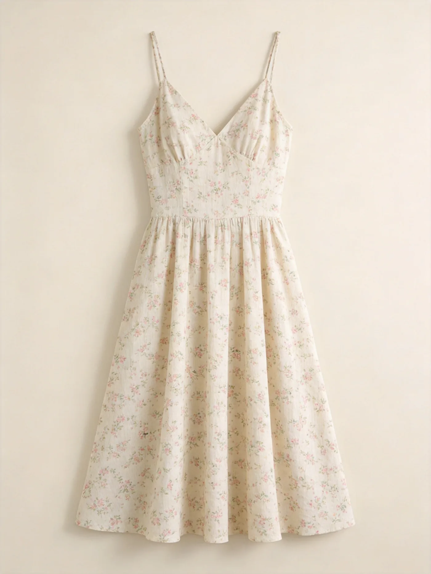 MJ 1212 ditsy vintage floral slip midi dress on MJ 1212 slub base, AI print design visualization