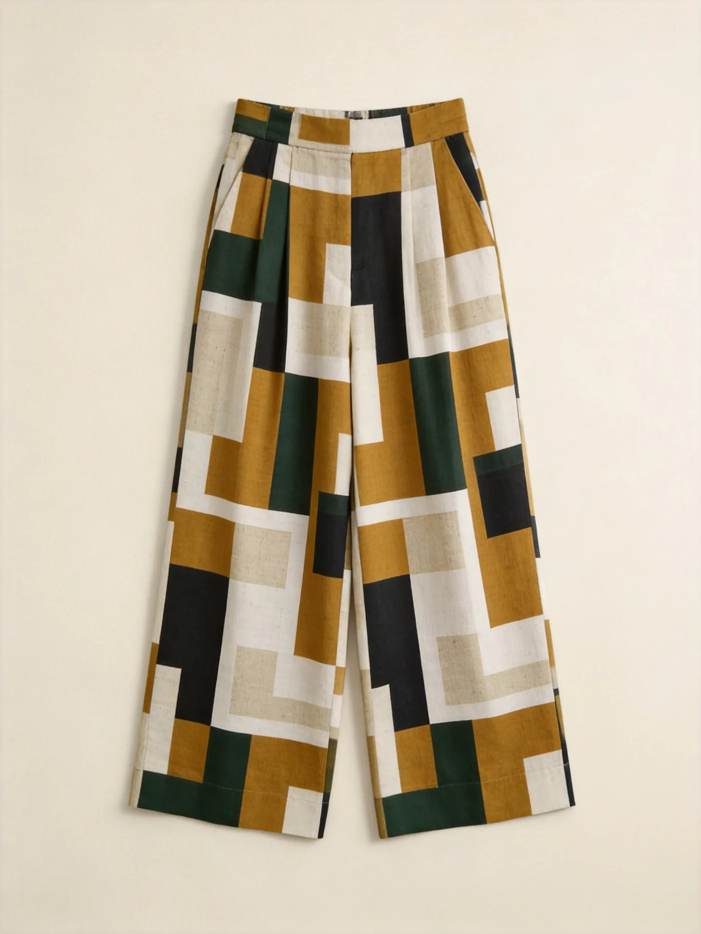 MJ 1212 modern geometric print high-waist wide-leg trousers on MJ 1212 slub base, AI print design visualization