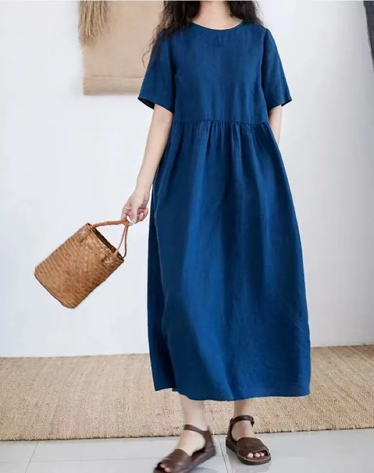 Navy linen-viscose sand washed dress showing fluid drape