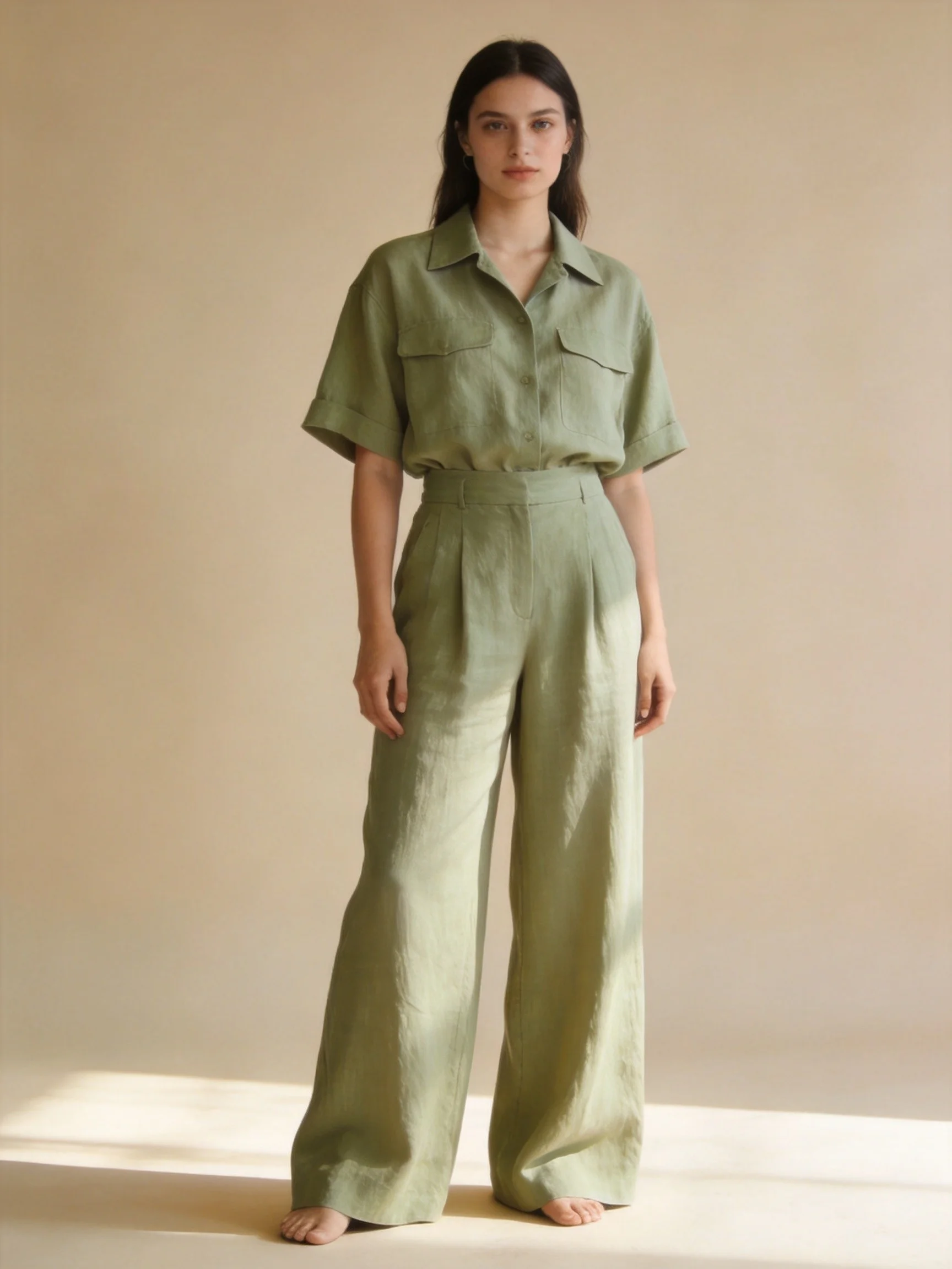 Sage green sand-washed linen-viscose camp shirt and wide-leg trousers resort set