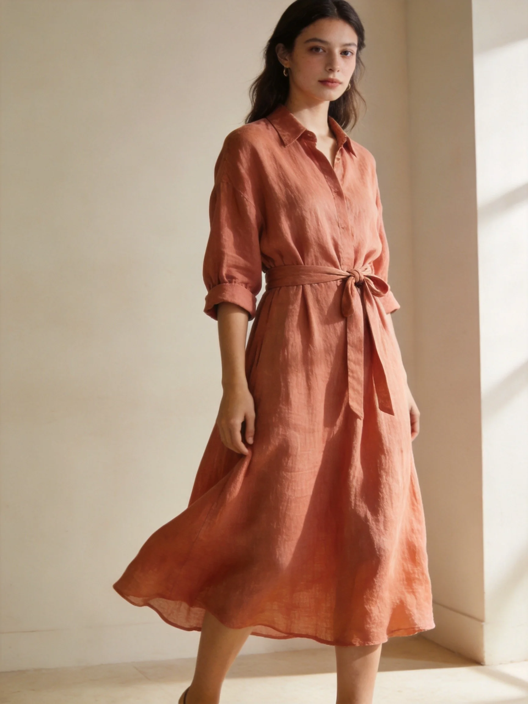 Terracotta sand-washed linen-viscose midi shirt dress with tie belt