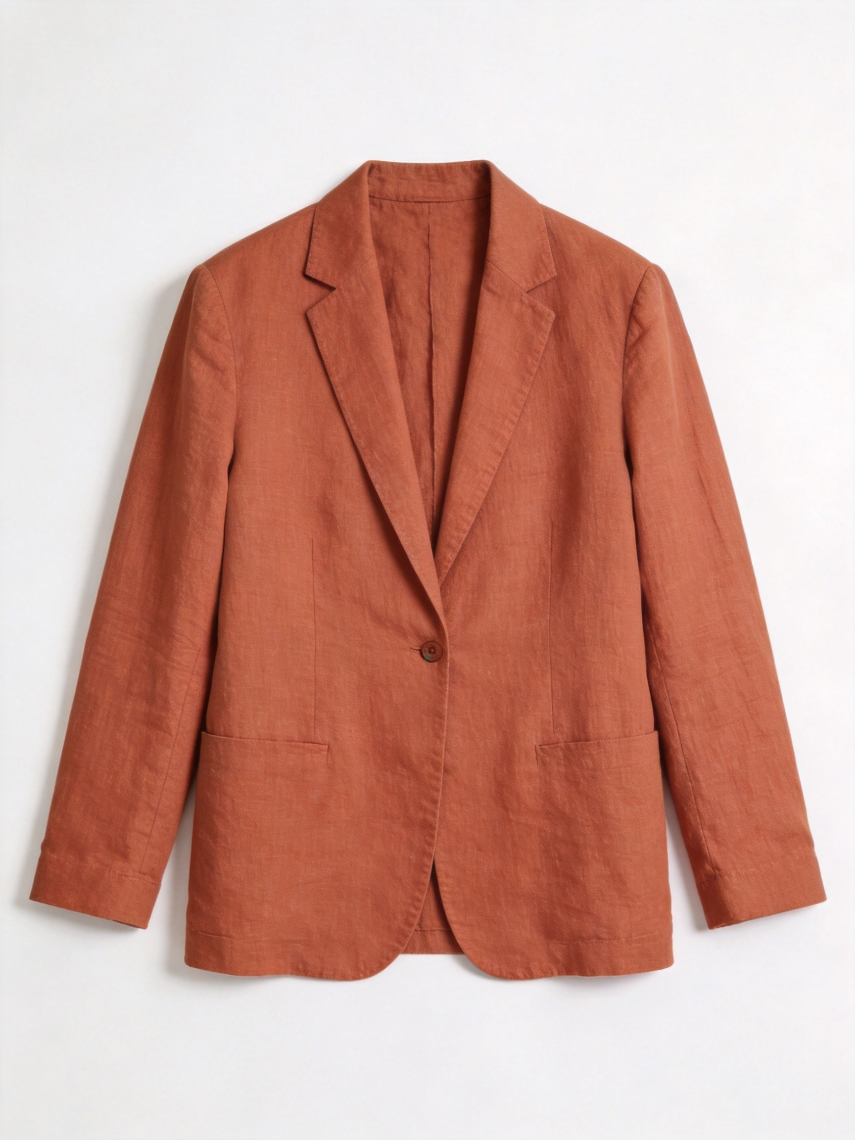 Woman wearing terracotta MJ 5506 linen cotton blazer