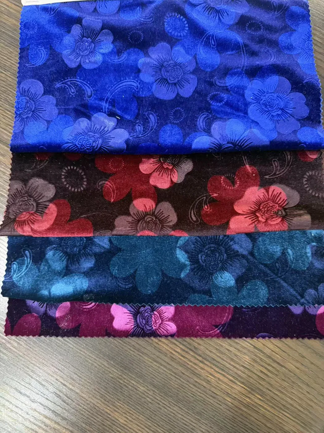 Embossed tonal floral MJ 7124 velvet in royal blue, wine, teal and magenta
