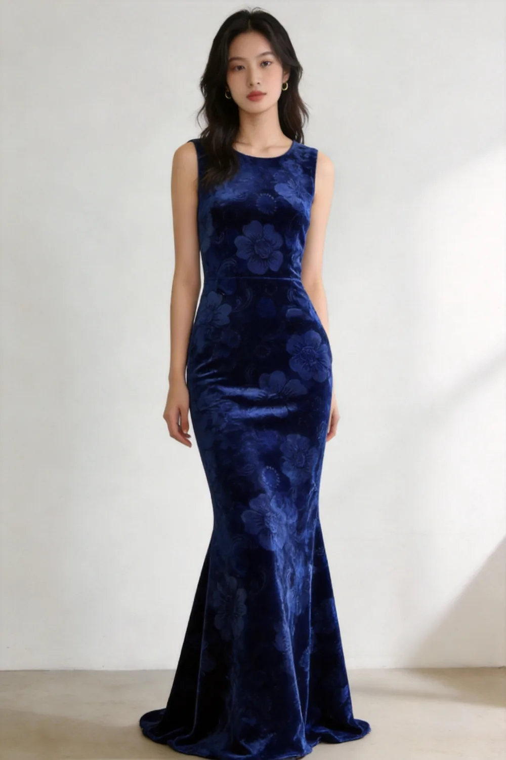 Royal blue embossed stretch velvet sleeveless fishtail gown made from MJ 7124