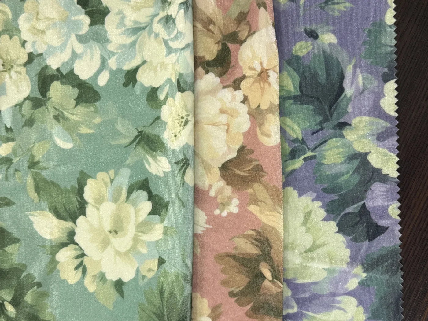 Digital floral print on MJ 7124 velvet in mint, dusty rose and lavender grounds