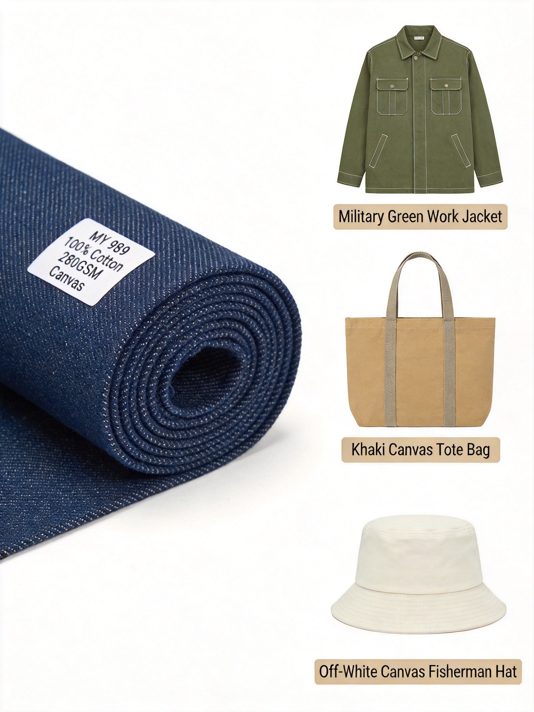 MY 989 heavy cotton twill canvas fabric with finished product showcase