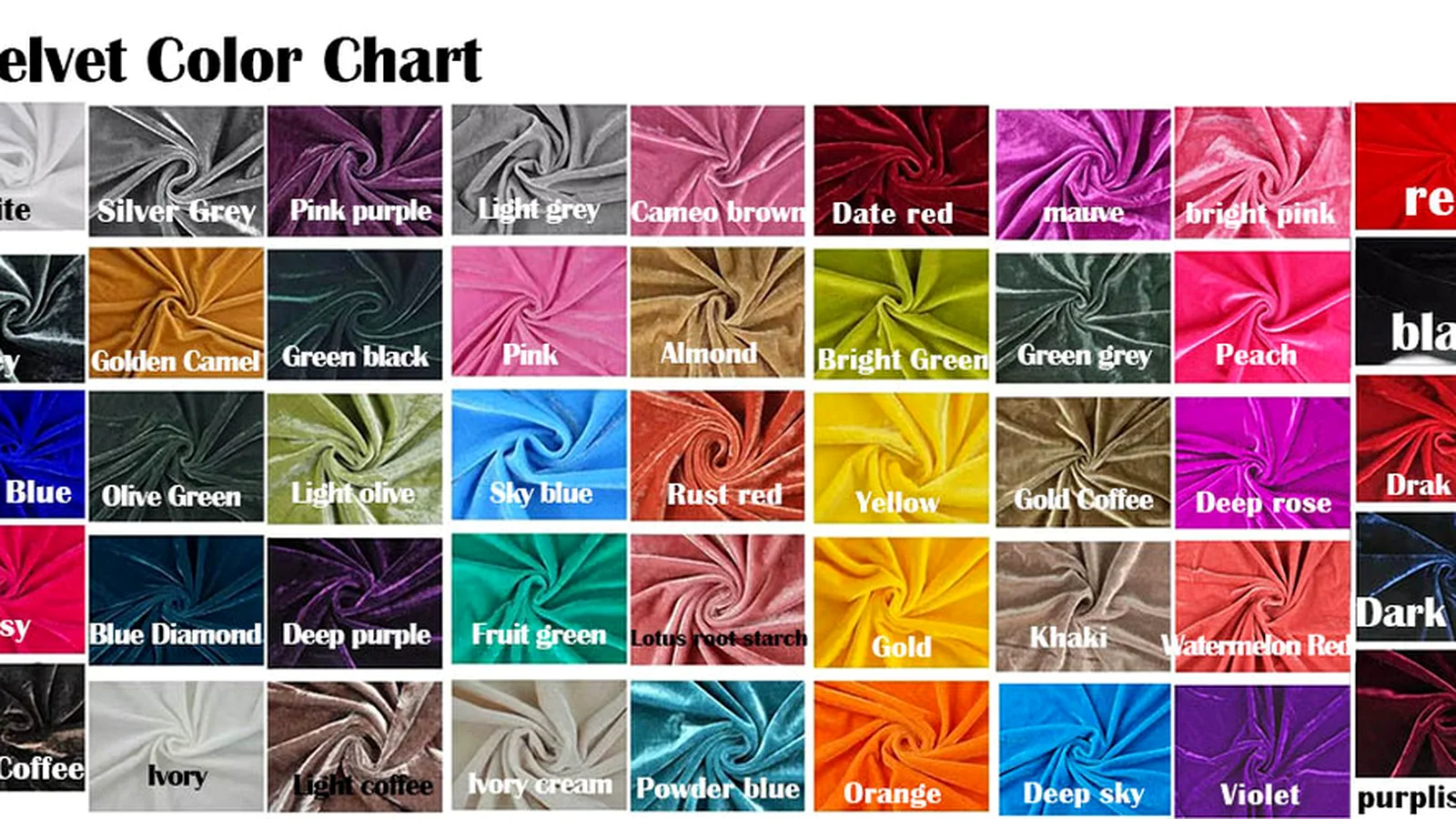 Velvet color chart, 40+ standard shades